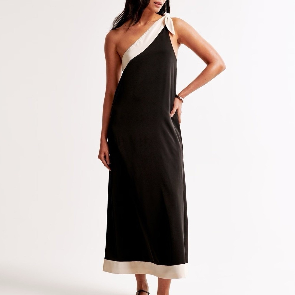 Abercrombie & Fitch One-Shoulder Scarf Midi Dress Sz PM Black Asymmetric Elegant